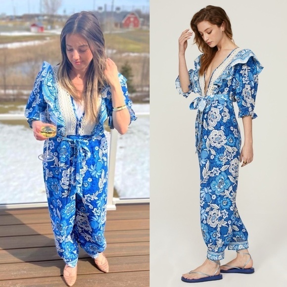 FARM RIO Linen Floral Paisley Puff Sleeve Ruffle Lace V-Neck Tie Belt Jumpsuit S - Picture 6 of 16